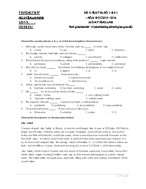 Đề kiểm tra học kì I môn Tiếng Anh Lớp 12 - Mã đề 213 - Năm học 2015-2016 - Trường THPT Nguyễn An Ninh